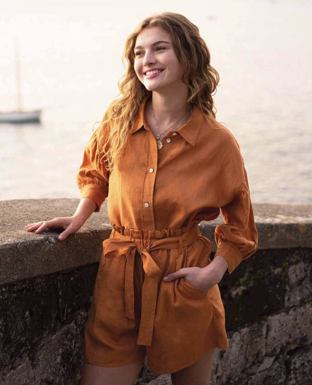 NWT voyageur mersea Orange Linen Balloon Sleeve Button Down XS